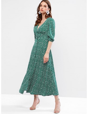  Buttoned Tiny Floral Maxi Flare Dress - Sea Green S