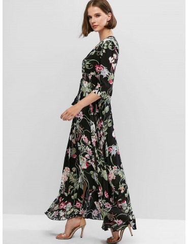  Slit Vacation Buttons Floral Maxi Dress - Multi S