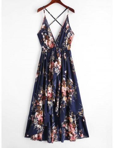 Floral Criss Cross Cami Asymmetrical Dress - Midnight Blue Xl