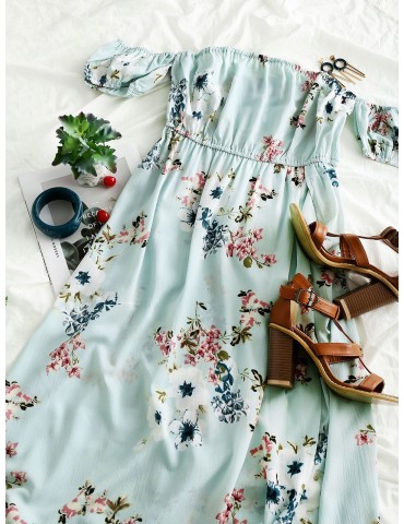  Floral Slit Off Shoulder Maxi Dress - Mint Green S