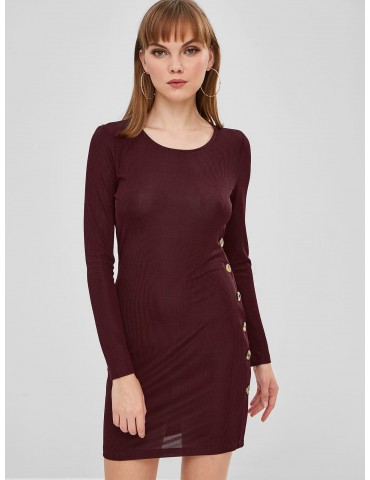  Buttoned Long Sleeve Bodycon Dress - Red Wine Xl