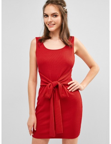 Ribbed Knotted Bodycon Tank Dress - Red S