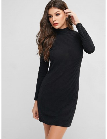 High Neck Knitted Bodycon Dress - Black M
