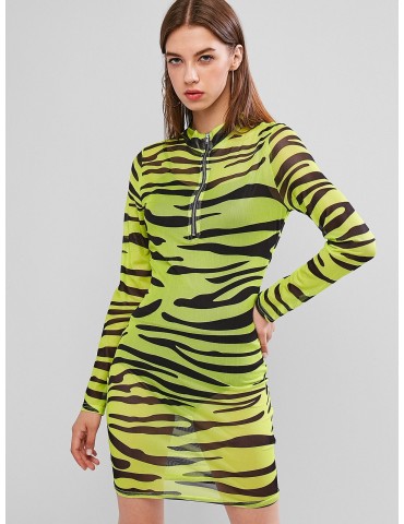 Half Zip Tiger Print Mesh Club Dress - Green Yellow M