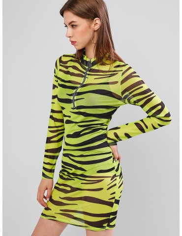Half Zip Tiger Print Mesh Club Dress - Green Yellow M
