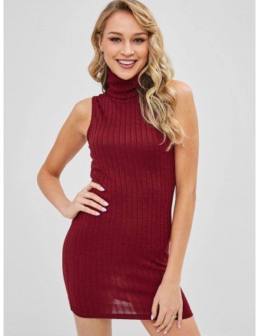  Turtleneck Bodycon Knit Short Dress - Red Wine L