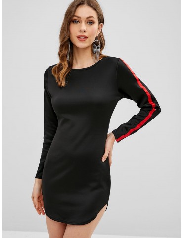 Striped Sleeve Jersey Mini Bodycon Dress - Black M