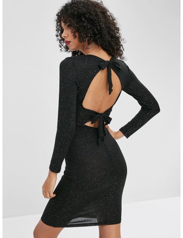 Sequined Open Back Bodycon Dress - Black M