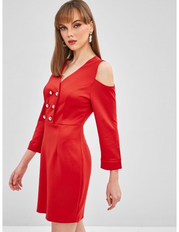 Buttons Cold Shoulder Fitted Dress - Red S