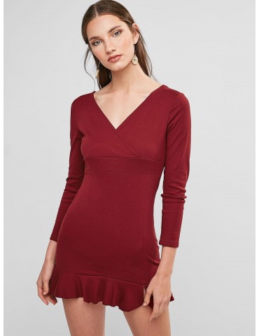 Plunging Mini Mermaid Party Dress - Red Wine M