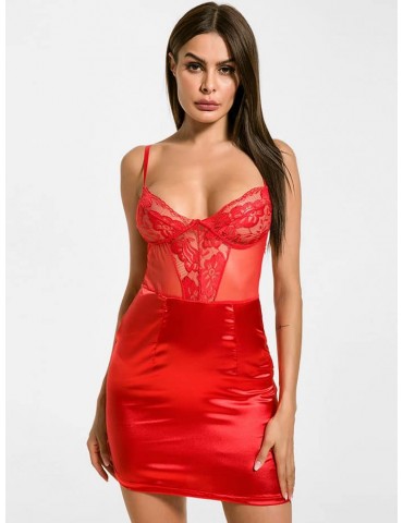Satin Lace Mesh Panel Cami Bodycon Sheer Dress - Ruby Red S