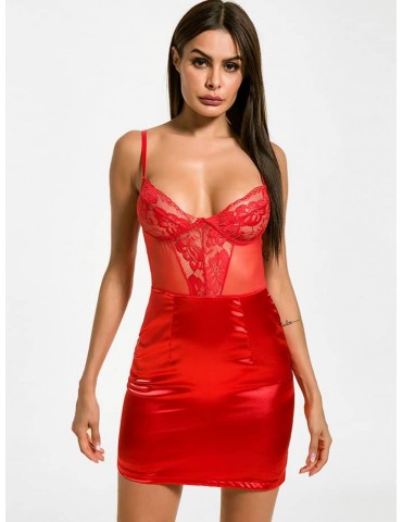 Satin Lace Mesh Panel Cami Bodycon Sheer Dress - Ruby Red S