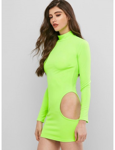 Neon Cut Out Mock Neck Mini Club Dress - Green M