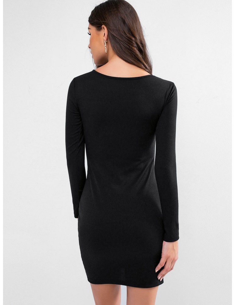 Zipper Front Plunging Ribbed Bodycon Dress - Black Xl