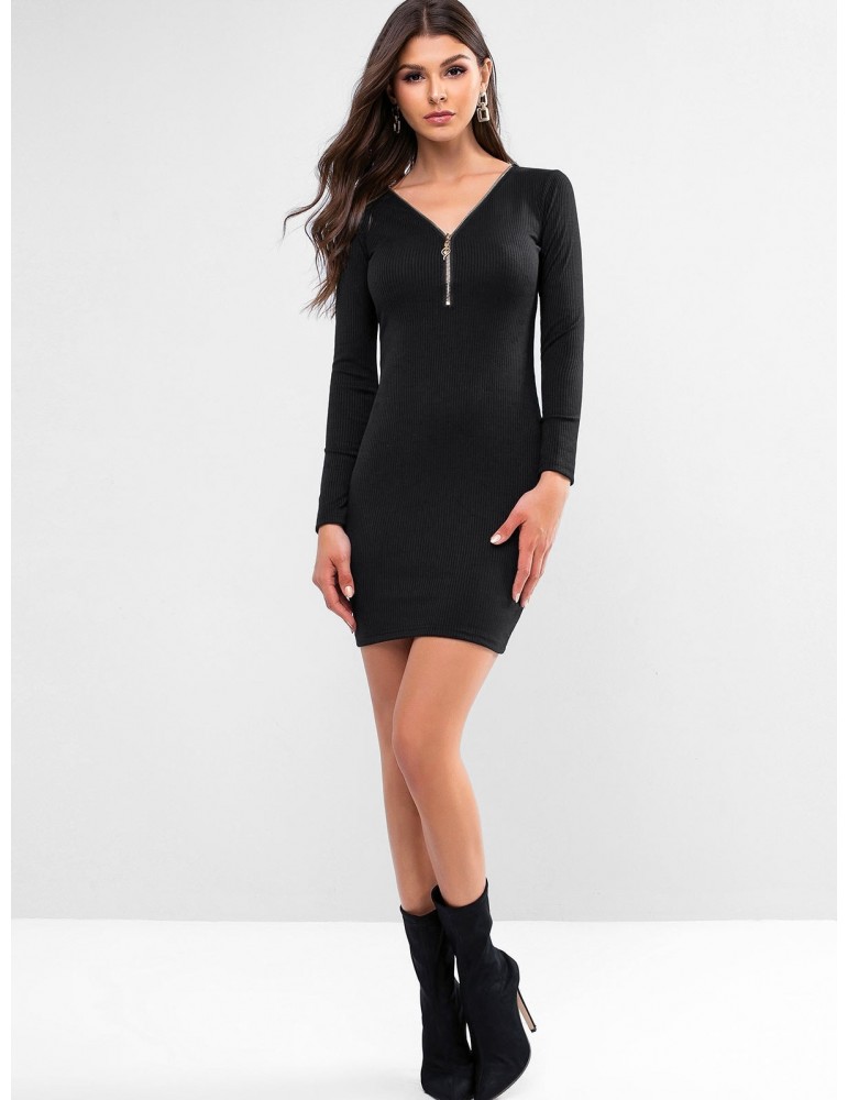 Zipper Front Plunging Ribbed Bodycon Dress - Black Xl