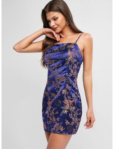  Floral Jacquard Cami Satin Bodycon Dress - Lapis Blue M