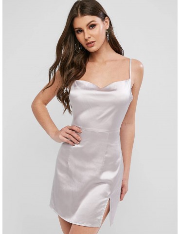  Satin Cami Slit Mini Dress - Silver S