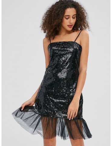 Sequined Tulle Cami Mermaid Dress - Black S