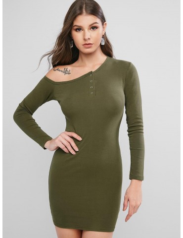 Long Sleeve Snap Button One Shoulder Bodycon Dress - Army Green L