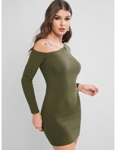 Long Sleeve Snap Button One Shoulder Bodycon Dress - Army Green L