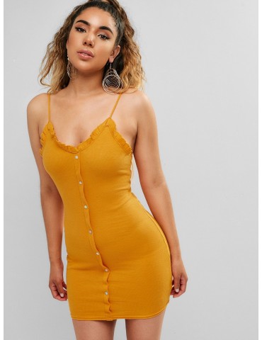 Buttons Embellished Cami Bodycon Dress - Yellow S