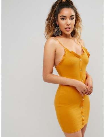 Buttons Embellished Cami Bodycon Dress - Yellow S