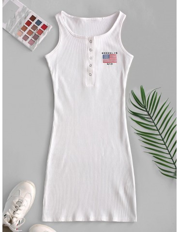 Snap Button Ribbed American Flag Embroidered Dress - White S
