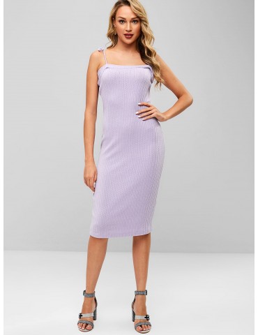  Tied Straps Ribbed Sweater Dress - Purple S