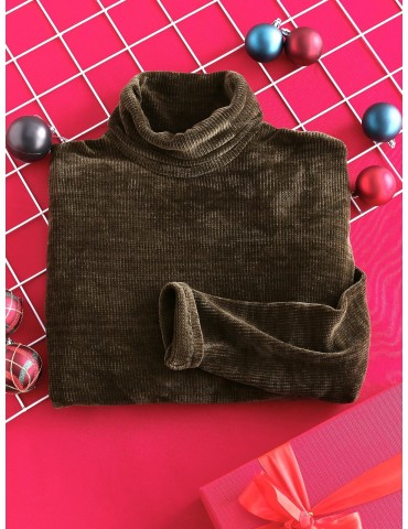  Turtleneck Chenille Knit Christmas Mini Sweater Dress - Dark Forest Green M