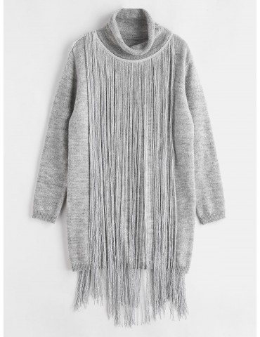 Turtleneck Fringe Sweater Dress - Gray Goose