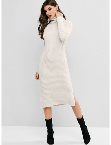 Turtleneck Drop Shoulder Slit Sweater Dress - White