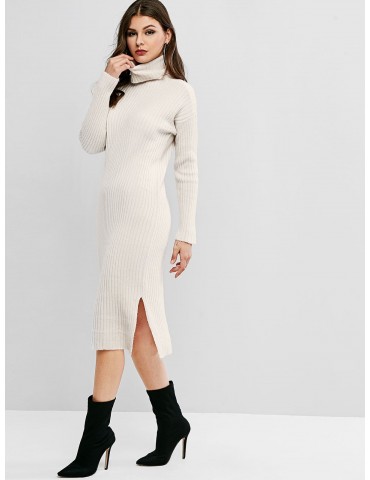 Turtleneck Drop Shoulder Slit Sweater Dress - White