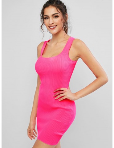 Neon Ribbed Bodycon Tank Dress - Hot Pink