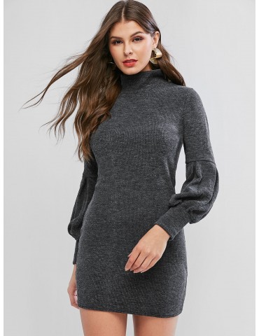 Lantern Sleeve High Neck Short Sweater Dress - Dark Gray S