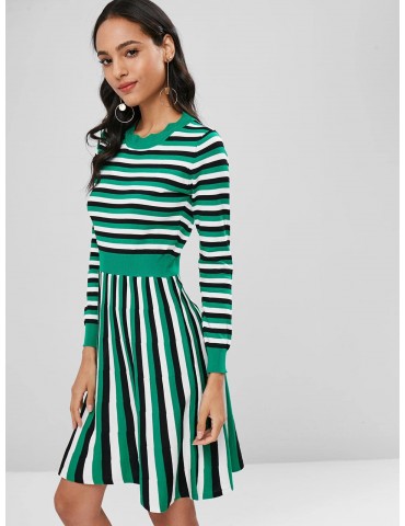 Striped Knitted A Line Dress - Greenish Blue