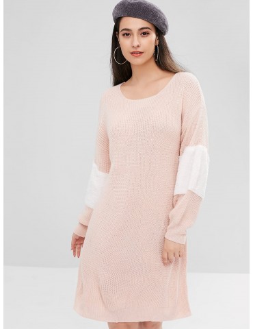  Contrast Faux Fur Sweater Dress - Light Pink S