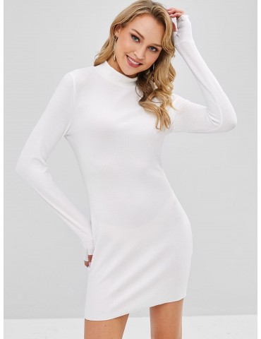 Knitted High Neck Fitted Dress - White Xl