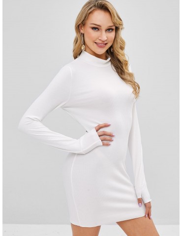 Knitted High Neck Fitted Dress - White Xl