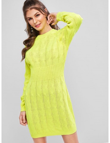 Neon Cable Knit Raglan Sleeve Bodycon Sweater Dress - Bright Yellow