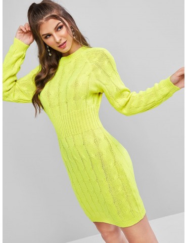 Neon Cable Knit Raglan Sleeve Bodycon Sweater Dress - Bright Yellow