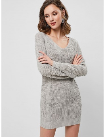 Long Sleeve Cable Knit Sweater Mini Dress - Gray Cloud S