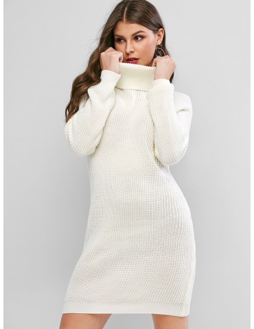 Turtleneck Raglan Sleeve Mini Sweater Dress - Beige S