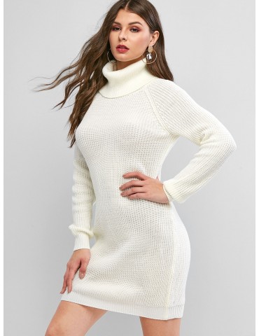 Turtleneck Raglan Sleeve Mini Sweater Dress - Beige S