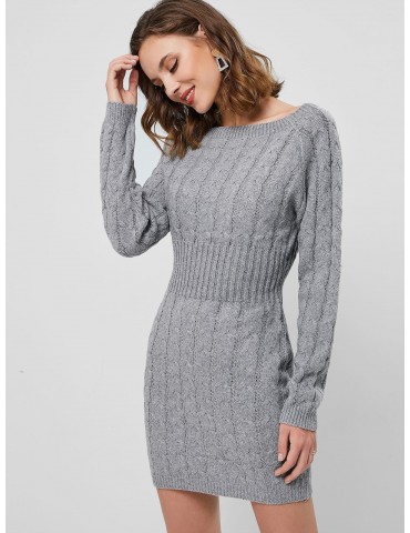 Raglan Sleeve Cable Knit Mini Sweater Dress - Light Gray