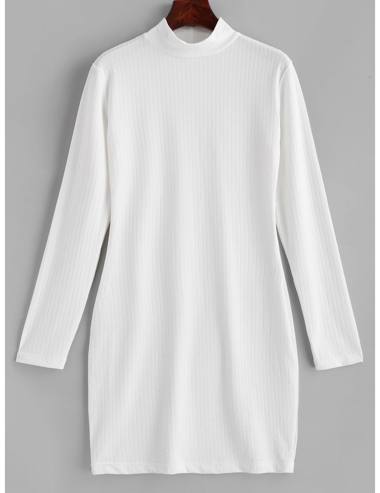  Ribbed Long Sleeve Bodycon Mini Dress - White L