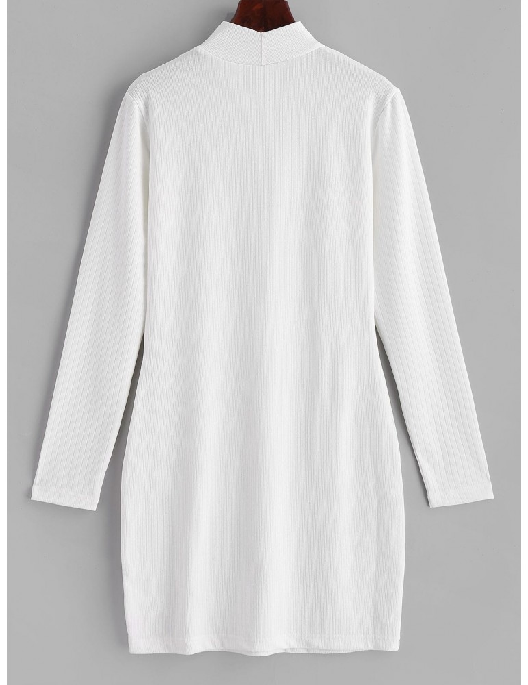  Ribbed Long Sleeve Bodycon Mini Dress - White L