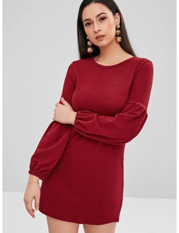 Balloon Sleeve Mini Sweater Dress - Red Wine M