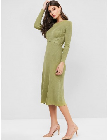 Ribbed Knit Tie Waist Midi Long Sleeve Dress - Avocado Green