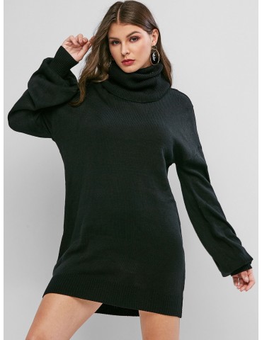 Turtleneck Drop Shoulder Mini Sweater Dress - Black S