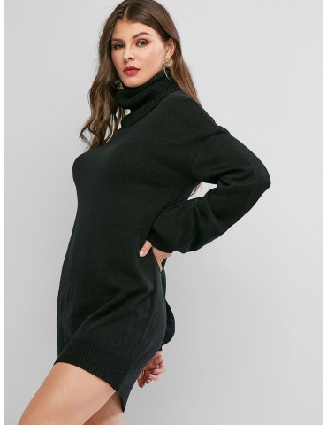 Turtleneck Drop Shoulder Mini Sweater Dress - Black S